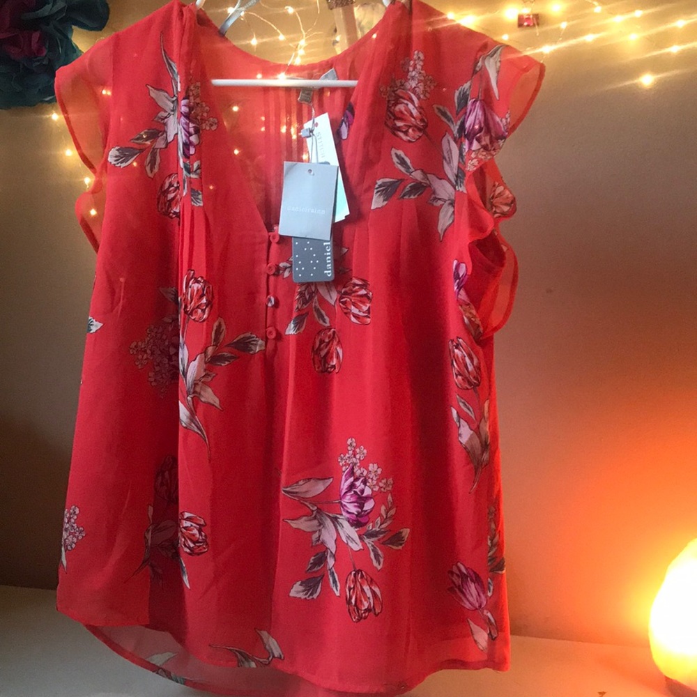 Orange floral pleated blouse